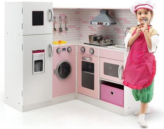 Costway Cucina Giocattolo per Bambini in Legno, Mini Cucina Angolare per Bambini con Luci e Suoni Interattivi e Accessori per Cucina, Ideale per Bambini pi&ugrave;