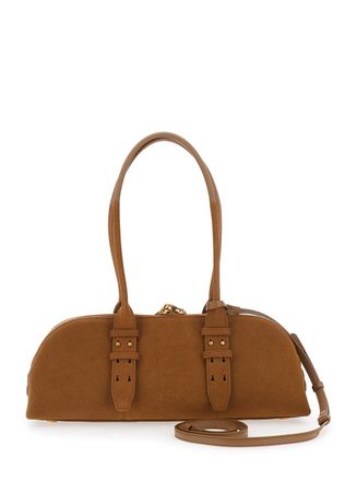 Pinko Womens Shoulder Bag Bowling Horizontal Brown Suede Leather