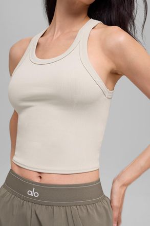 Alo | Goddess Ribbed Go-To Tank Top in Bone Beige, Size: 2XS