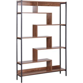 Beliani Estanter&iacute;a De 6 Niveles Estantes De Madera Oscura Marco De Acero De Metal Negro Almacenamiento Con Respaldo Abierto Industrial Daven