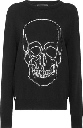 Philipp Plein Cashmere Pullover Ronde Hals LS met Kristallen - Dames - Cashmere truien - Zwart - L - Truien & Vesten