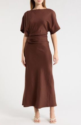 Staud Amelie Ruched Waist Linen Blend Dress in Dark Oak at Nordstrom, Size X-Large