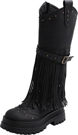 Generic Fringe Cowboy Boots Knee High, Fringe Cowboy Boots for Women Chunky Platform Mid Calf Cowgirl Boot with Tassel Buckle Fashion Motorcycle Western Booti