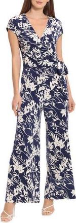 Maggy London Floral Cap Sleeve Wrap Tie Jumpsuit in Navy/ivory at Nordstrom Rack, Size 18W (Similar To 16W)