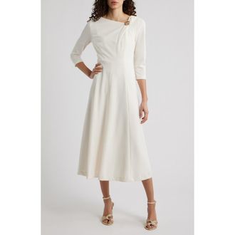 Anne Klein Shoulder Pin Asymmetric Long Sleeve Midi Dress in White Dove at Nordstrom, Size 0