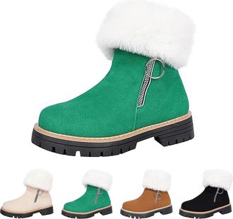 Generic Womens Faux Fur Ankle Snow Boots with Zipper, Fleece Lined Platform Ankle Boots with Side Zipper, Slip On Walking Shoes for Winter Outdoor (Green,6.5)