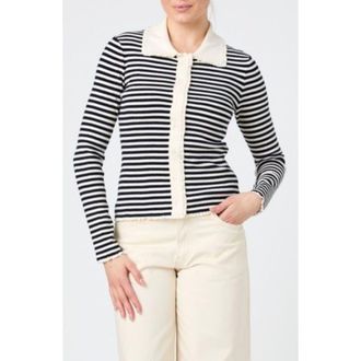 French Connection Stripe Lace Trim Collared Cardigan in Navy/Cream at Nordstrom Rack, Size X-Large