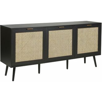 Beliani Credenza a 3 ante con fronti in rattan mdf nero Gambe in legno di caucci&ugrave; Mobile in stile boho Soggiorno nero Opoco