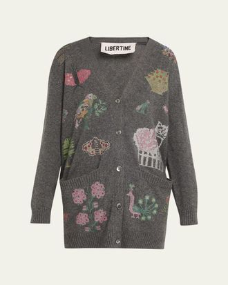 Libertine - Libertine Needlepoint Embellished Cashmere Oversized V-Neck Cardigan
