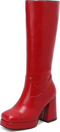 Generic Womens Knee High Boots Platform Block Chunky High Heel Square Toe Side Zipper Dress Pumps for Winter (7.5,Red)