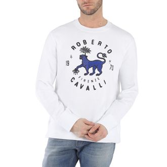 Roberto Cavalli Optic White Cotton Jersey Lucky Leopard Print Sweatshirt, Size X-Large