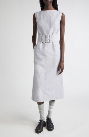 Thom Browne Stripe Bateau Neck Linen Blend Column Dress in Light Grey at Nordstrom, Size 10 Us