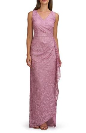 JS Collections Blakely Floral Embroidery Ruched Gown in Lilac at Nordstrom Rack, Size 14