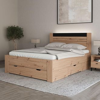 Dmora Cama Doble Kabale, Tama&ntilde;o Colch&oacute;n 160x200 Cm, Cabecera Con Detalle Acanalado, Soporta 200 Kg, Roble Nudos Marr&oacute;n