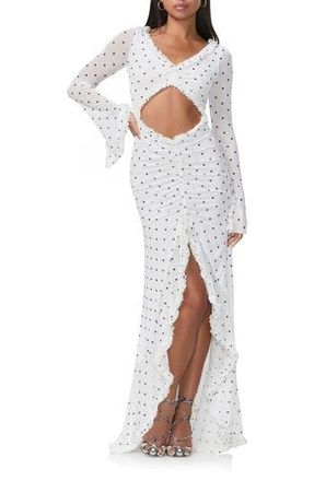 AFRM Cat Ruched Semisheer Long Sleeve Cutout High-Low Hem Maxi Dress in Blanc Micro Dot at Nordstrom Rack, Size X-Large