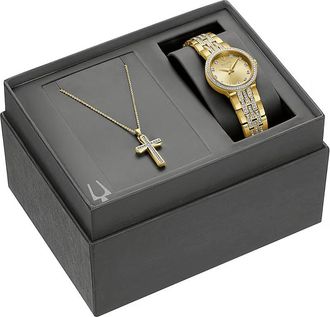 Bulova Crystal Collection Quartz Champagne Dial Ladies Watch & Cross Gift Set 98X133