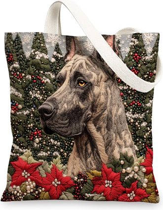 Generic Christmas Great Dane Dog Canvas Tote Bag for Shopping 13x15, Knitting Winter Puppy Reusable Grocery Print Pattern Bag for Women, Pet New Year Beach Ae