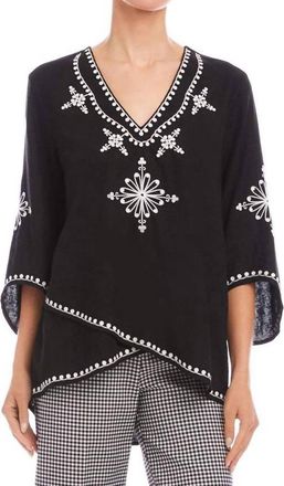 Karen Kane Bracelet Sleeve Embroidered Asymmetric Top In Black With Off White