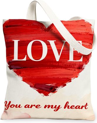 Generic ValentineS Heart Canvas Tote Bags, Love Pattern Reusable Grocery Bags, Romantic Artistic Lightweight Washable Shoulder Str, Red, 13x15 Inch