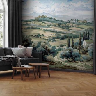 OEM Sfondo Fotografico - Paesaggio Con Campi Verdi E Alberi, Vista Soleggiata Della Toscana / Paesaggio Con Campi Verdi Soleggiati