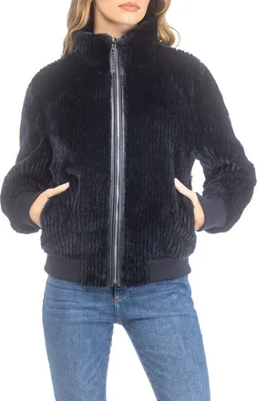 Gorski Reversible Grooved Genuine Shearling Insignia Bomber Jacket in Navy/black at Nordstrom, Size X-Small