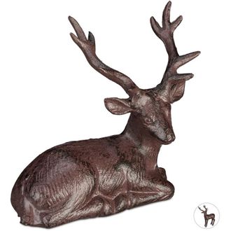 Relaxdays 4x Cervo da Giardino, Scultura Deco, Rustico, Resistente, Statuetta da Giardino Ghisa 15 x 14,5 x 8,5 cm, Marrone