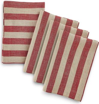 Solino Home Linen Dinner Napkins Set of 4, 20 x 20 Inch for Dining Table, Holiday and Everyday Table Decor - Sorrento Stripe in Red And Natural at