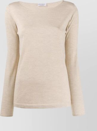 Brunello Cucinelli cashmere silk m&eacute;lange boat neck slim-fit long-sleeve knitted top