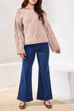 Tribal Crewneck Loose Fit Cable Sweater - Plus In Heather Almond Latte