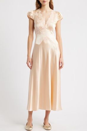 D&ocirc;en Coraline Lace Detail Floral Satin Maxi Dress in Peach Sorbet at Nordstrom, Size Xx-Large