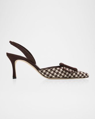 Manolo Blahnik 70mm Mayslibi Houndstooth Tweed and Suede Slingback Pumps
