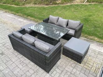 Fimous 8 Seater Rattan Sofa Garden Furniture Set Outdoor Adjustable Rising Lifting Dining Table Set with Footstool in Dark Grey
