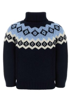 Prada Womens Dark Blue Wool Blend Sweater Blu+naturale Maglieria