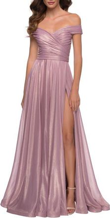La Femme Metallic Chiffon Gown with Off the Shoulder Top in Pink Metallic at Nordstrom, Size 14