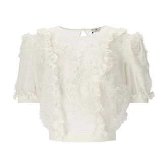 Elisabetta Franchi Overhemden, Dames, Beige, L, Polyester, Ivory Ruffled Top