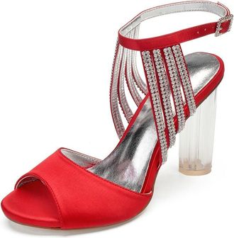 Generic Satin Wedding Bridal Shoes Womens Chunky Heels Open Toe Ankle Strap Heeled Evening Party Dress High Sandals 10.5Cm,red,8 UK