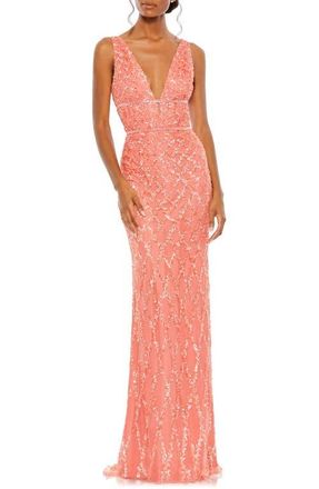 Mac Duggal Sequined Plunge Neck Sleeveless Column Gown in Coral at Nordstrom, Size 10