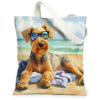 Generic Summer Pomeranian Dog Canvas Tote Bag for Shopping 13x15, Watercolor Beach Coastal Puppy Reusable Grocery Print Bag for Women, Beachy Pet Beach Aesthe