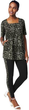 Jessica London Stretch Cotton Square Neck Tunic in Black Painterly Cheetah at Nordstrom, Size Medium