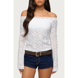 Edikted Off the Shoulder Sheer Lace Top in White at Nordstrom, Size X-Large