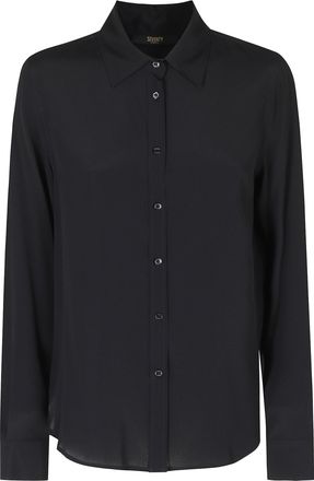 Seventy Black Classic Collar Extended Back Hem Silk Shirt