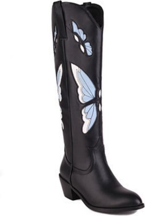 Generic Womens Chunky Heel Western Cowboy Boot Pull on Knee High Boots with Embroidery Stitched Round Toe PU Leather Long Boots,Black1,2.5 UK