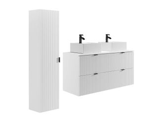 Vente-Unique Mueble de ba&ntilde;o suspendido estriado con lavabo cuadrado sobre encimera y columna - Blanco mate - 120 cm - ZEVINI