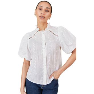 Yumi Broderie Anglaise Puff Sleeve Shirt in White at Nordstrom, Size 10