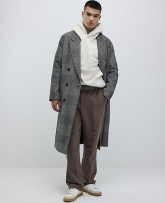 River Island Mens Overcoat Grey Check Double Breasted - Size X-Large