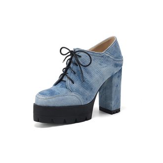 Generic Womens High Heeled Platform Pumps Lace Up Office Dress Shoes Round Toe PU Leather Casual Shoes,Blue,6.5 UK