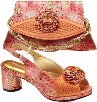 Generic Womens Shoes and Bags Matching Set Flowers Rhinestone Decorated Bigger Size Thick Heel Shoes for Party Wedding Orange