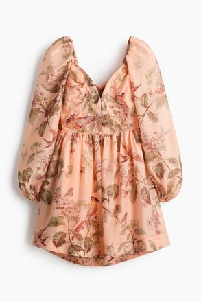H&M Tie-detail Puff-sleeved Dress in Peach Pink/floral at Nordstrom, Size Xx-Large