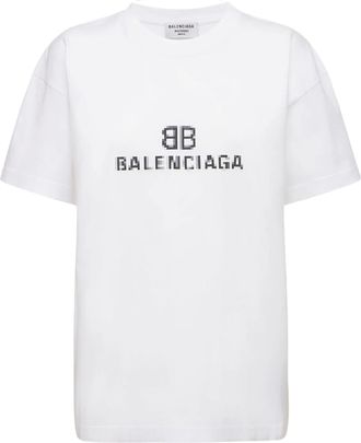 Balenciaga Mens Pixelated BB Logo Printed T-Shirt in White Cotton - Size Small