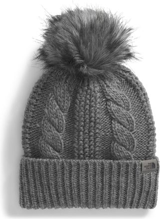 The North Face The North FACE Womens Oh Mega Beanie | Deep Fit Cuffed Winter Hat with Oversized Faux-Fur Pom & Textured Cable Detailing, TNF Medium Grey Heather, One